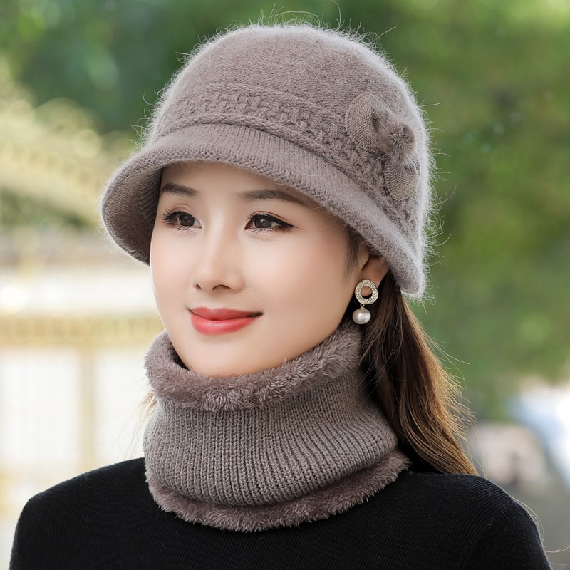 围脖两件套中老年人帽子女冬妈妈款秋冬季加绒加厚保暖奶奶毛线帽