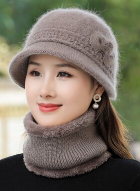 围脖两件套中老年人帽子女冬妈妈款秋冬季加绒加厚保暖奶奶毛线帽