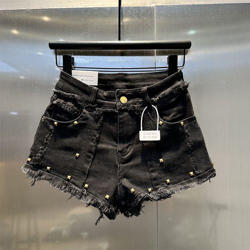 铆钉装饰毛边高腰黑色牛仔短裤2025年夏季新款辣妹A字阔脚热裤女