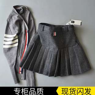 TB百褶裙秋冬女2021新款高腰加厚羊毛呢A字半身裙学院风灰色短裙