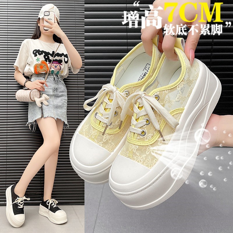 蕾丝厚底帆布鞋女2025新款夏季网面透气小白板鞋34码一脚蹬渔夫鞋