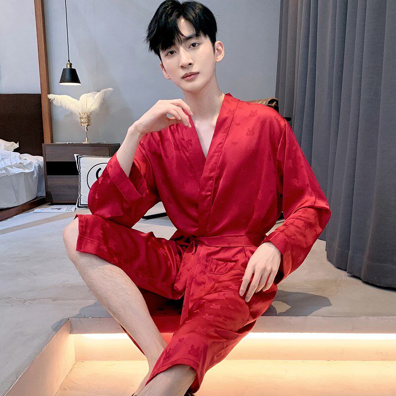 睡衣男春秋款薄款冰丝长袖睡袍浴袍女夏季丝O绸本命年红色结婚晨