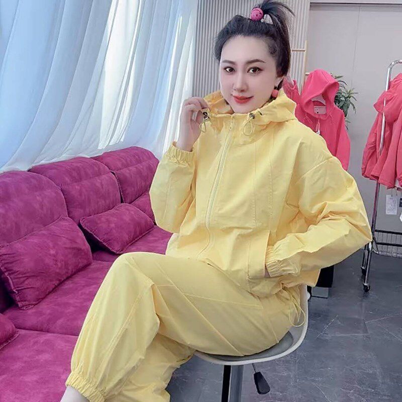 2025春季新款韩版糖果色大码女装胖MM连帽外套裤子纳米防风套装潮