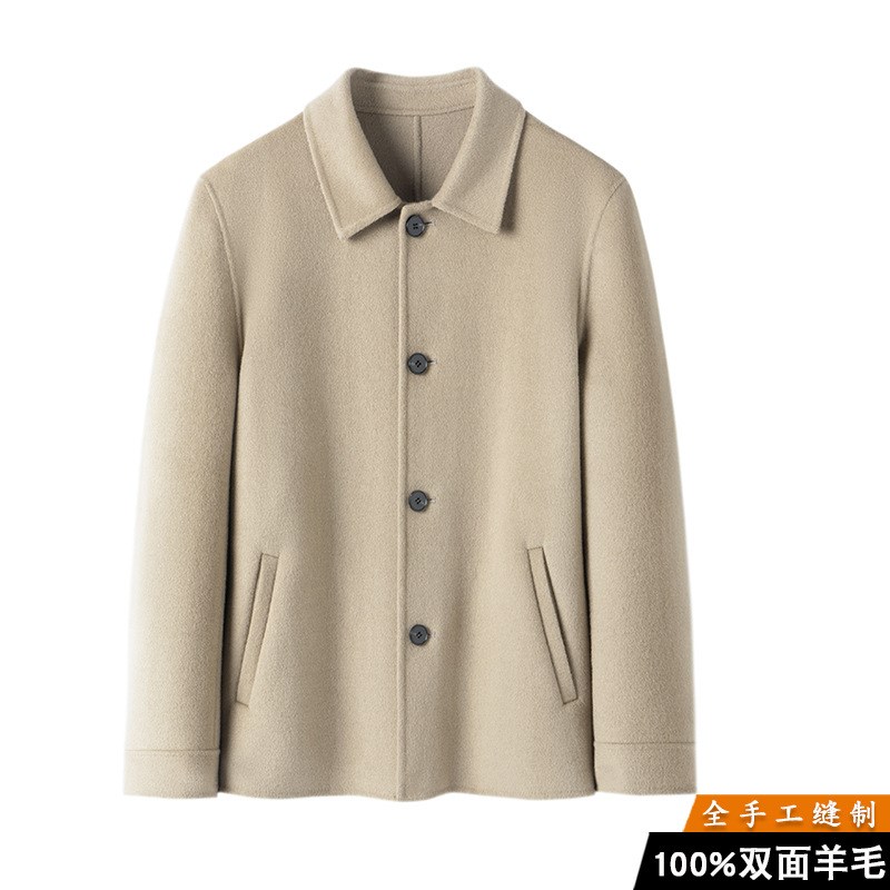春款双面羊绒行政夹克大衣男短款翻领薄款羊毛呢子双面呢休闲外套