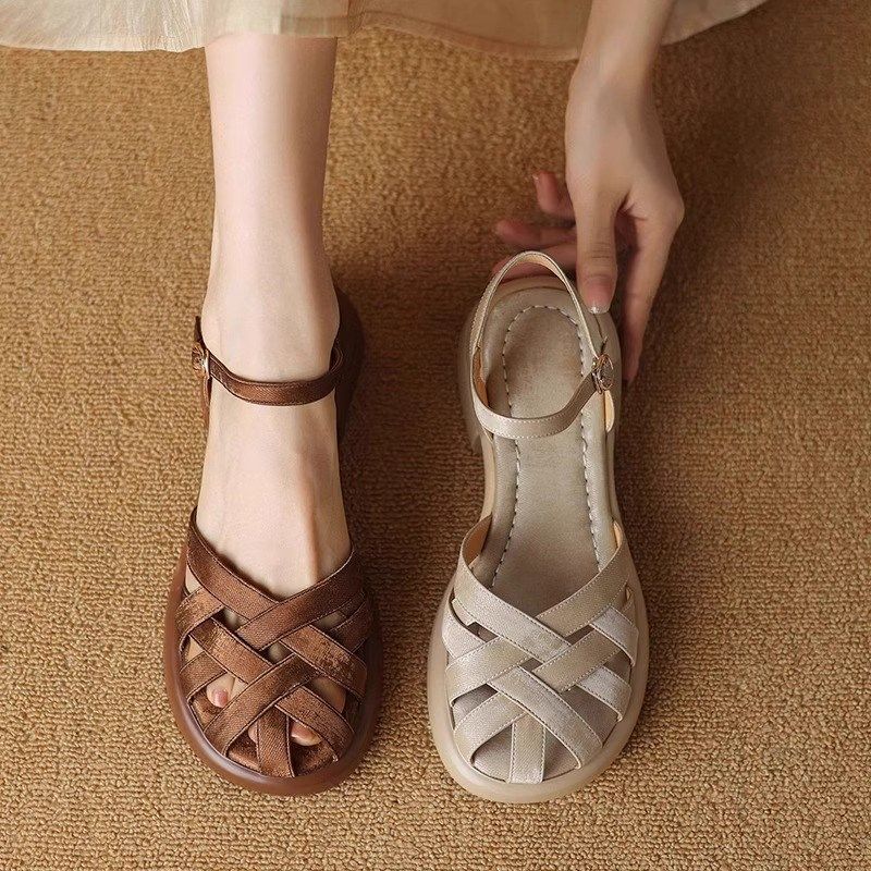 真皮包头凉鞋女新款夏季女鞋镂空编织猪笼鞋不累脚法式粗跟高跟鞋,女鞋,罗马凉鞋,淘宝优惠券,粉丝福利购,淘宝优惠卷