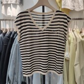 夏休闲百搭洋气套头短袖 8046薄款 宽松撞色条纹v领针织衫 T恤女上衣