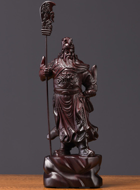 黑檀木雕关公摆件招财客厅横刀武财神红木工艺品实木立刀关羽开业