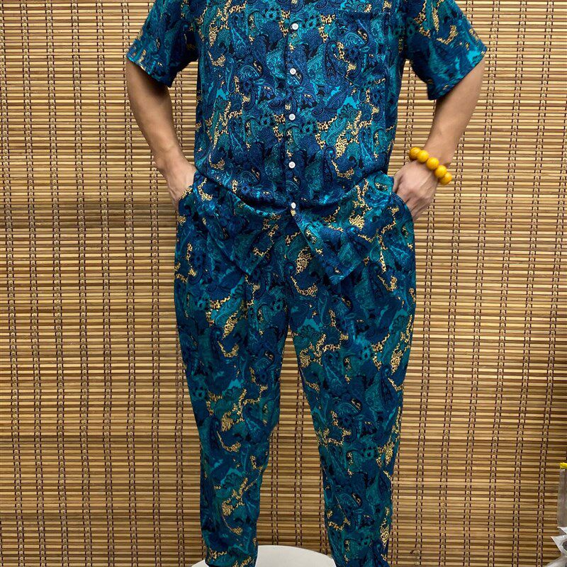夏季男士休闲半袖衬衫长裤印花套装宽松加肥大码薄款哈伦两件套潮