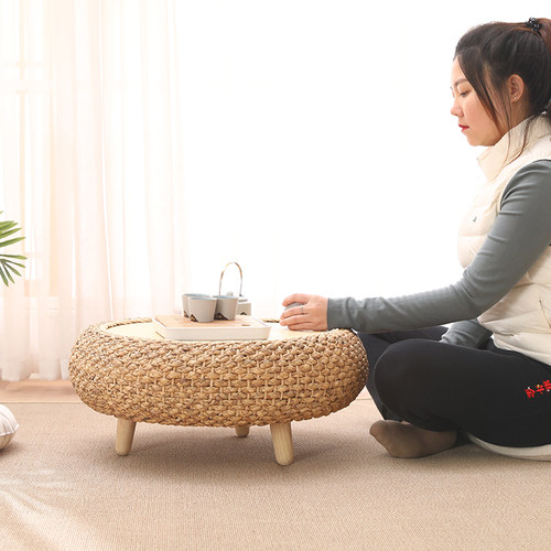 藤编飘窗小桌子圆桌榻榻米茶几小茶桌家用卧室茶台圆形矮桌窗台桌