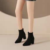 大码 裸靴 女N靴绒面瘦瘦靴法式 高跟短靴女秋冬2024年新款 粗跟时装