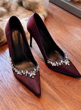 2025春新款紫色水钻高跟鞋女气质不累脚细跟尖头绝美缎面单鞋配裙