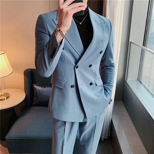 双排扣蓝色条纹西服男士那不勒斯商务正装时尚宴会礼服西装两件套