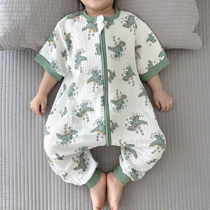 夏季宝宝双层纱布连体睡衣男童女童卡通纯棉家居服儿童棉纱睡袋薄