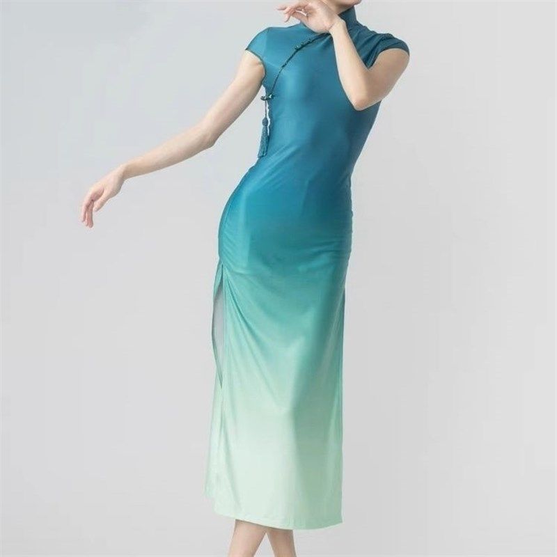 超大码古典舞旗袍青花瓷舞蹈旗袍裙高弹力入画江南声声慢表演服女