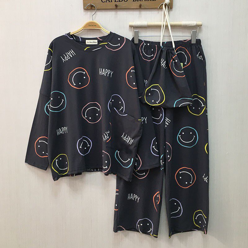 满印笑脸纯棉布袋睡衣女长袖套装宽松大码家居服卡S通圆领胖mm秋