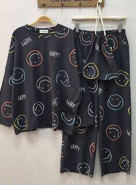 满印笑脸纯棉布袋睡衣女长袖套装宽松大码家居服卡S通圆领胖mm秋