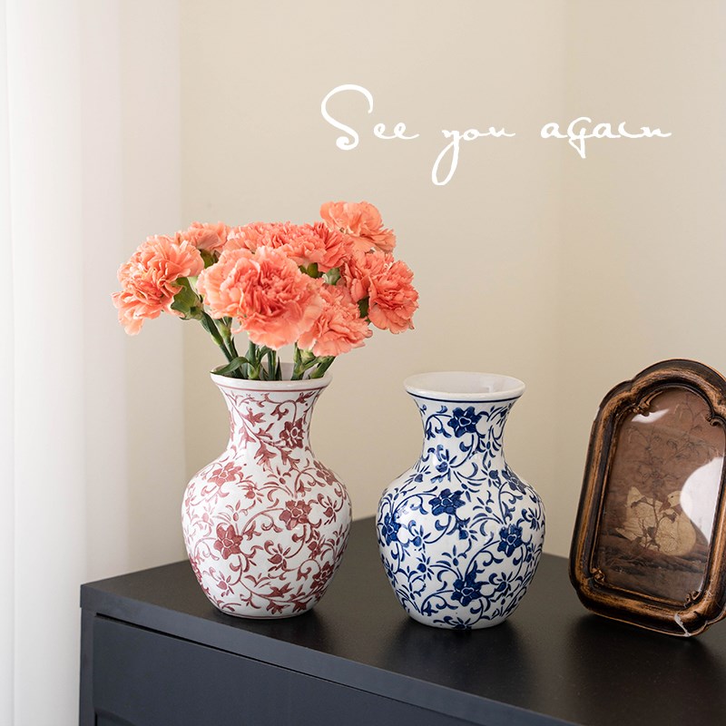 高级感青花陶瓷花瓶复古迷u你中式小花瓶客厅插花水培鲜花绿植摆