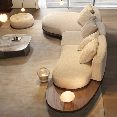 纳威异形沙发科技布日式侘寂风客厅家用弧形地台胡桃木色2024新款
