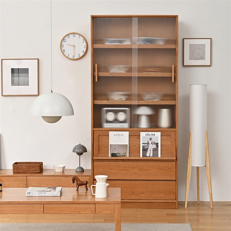 无寂/屿光组合书柜樱桃木复古实木带玻J璃门落地家用客厅满墙书柜