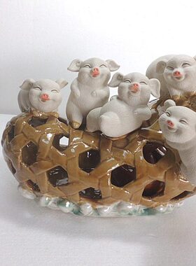 五福 猪笼入水  陶瓷工艺品摆件石湾公仔 家居装饰品客厅摆设小猪