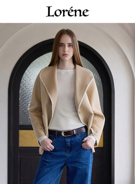 Lorene羊毛大衣女A字版复古法式呢外套手工缝制宽松双面毛呢大衣