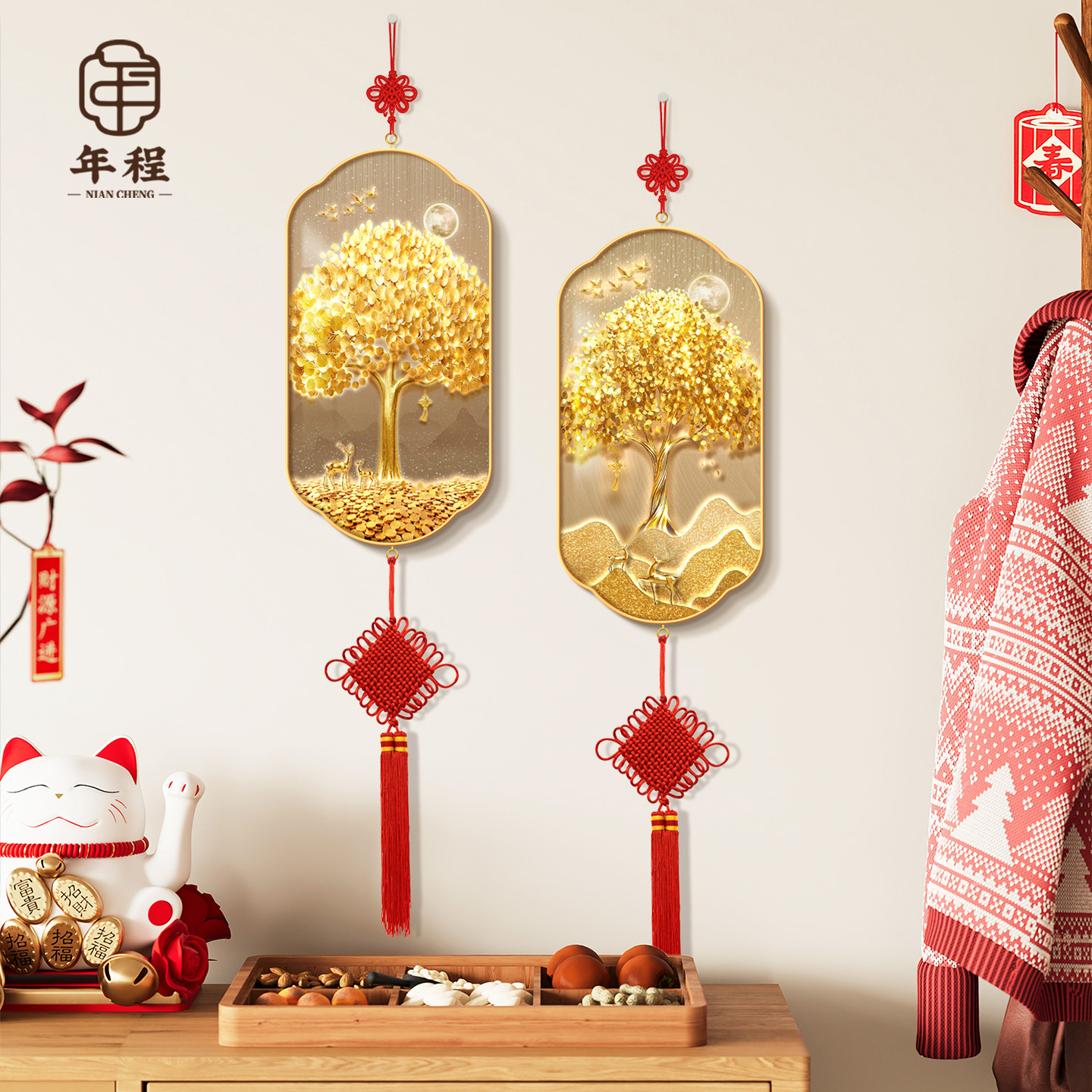 新款发财树寓意好挂件客厅玄关柜摇钱树装饰画招财旺运入户门挂饰