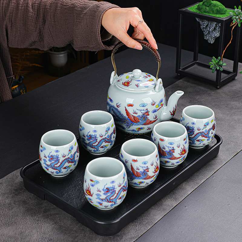 龙凤呈祥高档复古提梁壶茶具套装大茶壶茶杯一壶六杯带过滤网整套