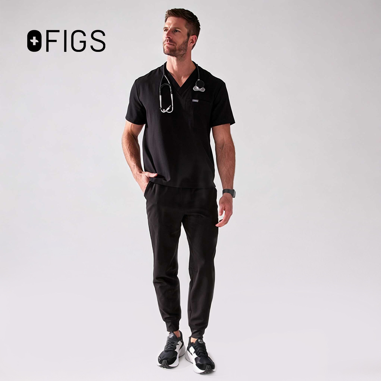 FIGS 黑色医护套装 男士速干刷手服 牙科医生工作服(上衣+裤子)