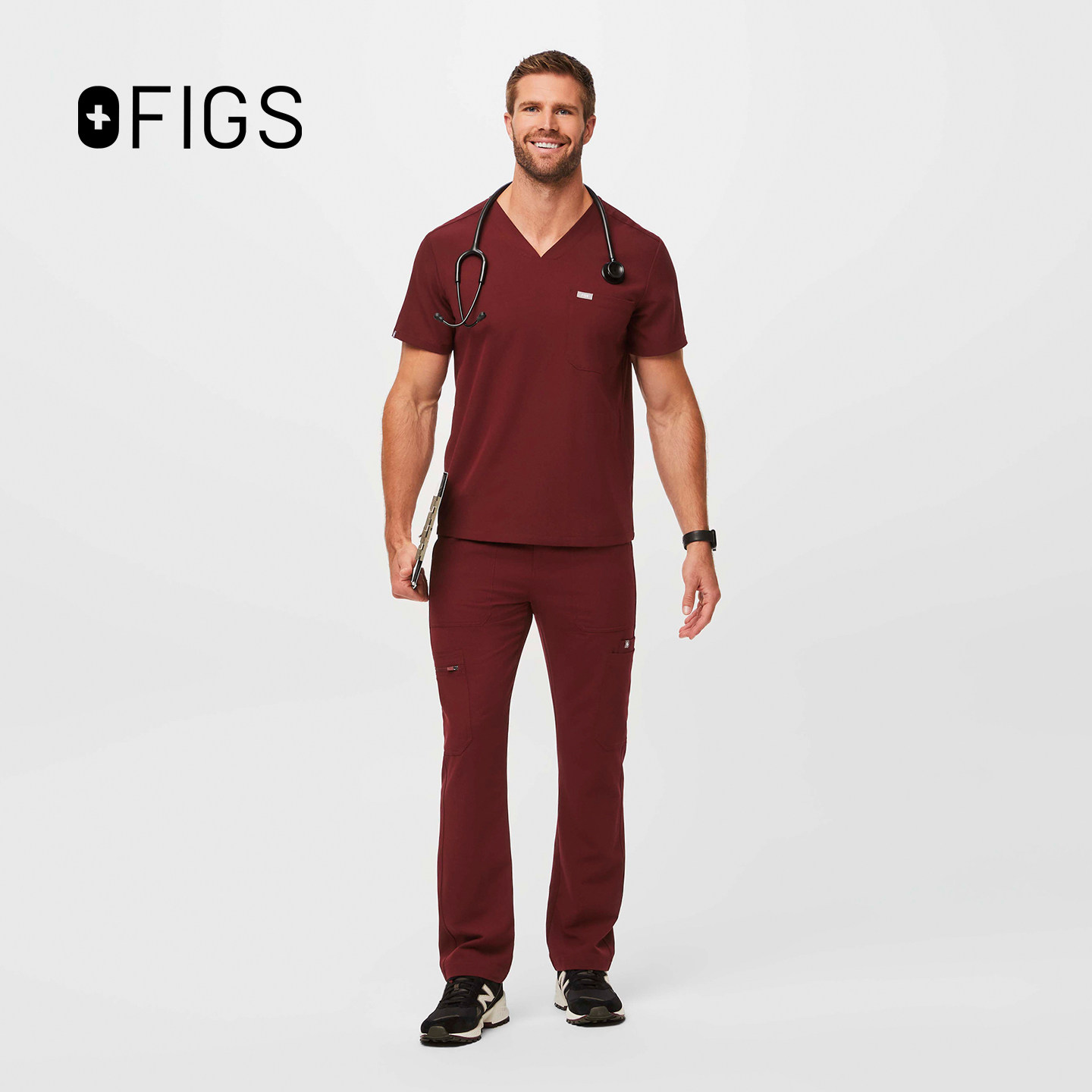 FIGS 酒红色医护套装 男士速干刷手服牙科医生工作服 (上衣+裤子)