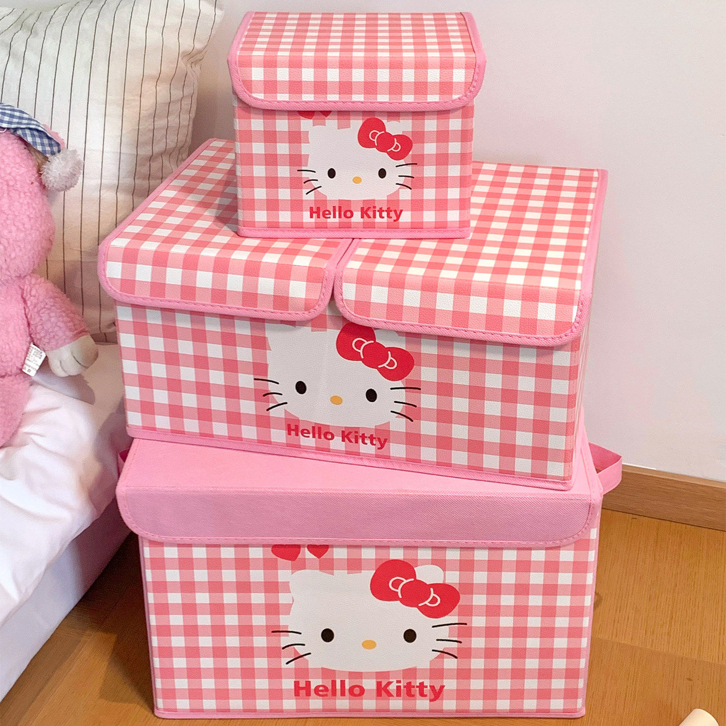 可爱格纹猫咪收纳箱家用带盖大容量内衣内裤袜子收纳盒女学生宿舍