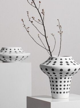 Rzone 侘寂风黑白斑点手工陶瓷花瓶民宿高级感粗陶磨砂花器装饰品