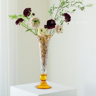 无为时间馆 中古花瓶 琥珀高脚法式高级手工琉璃艺术花器插花摆件