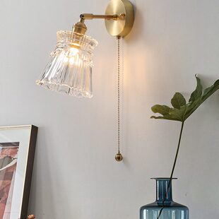 北欧玻璃壁灯日式复古卧室床头灯简约现代酒店书房墙壁灯拉绳开关