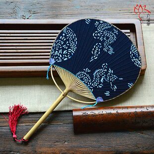 复古棉布扎染印花布面单支整竹团扇 扇面竹扇子印花团扇和风纨扇