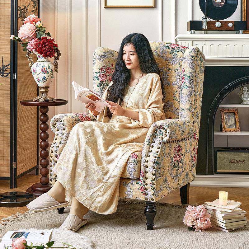 美式布艺老虎椅单椅法式复古客厅休闲椅子卧室高级感高背老虎凳