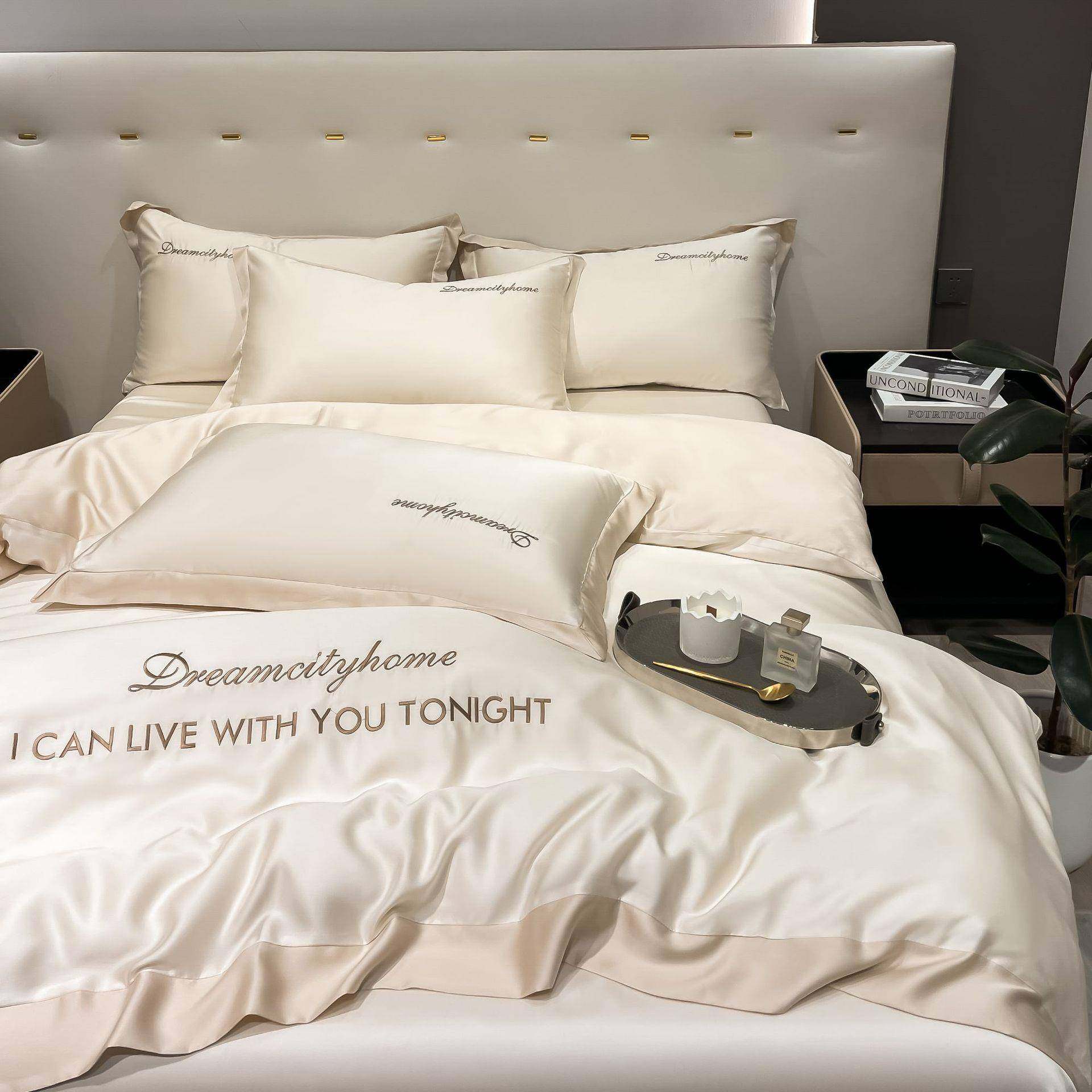 新款水洗真丝床上四件套冰丝欧式裸睡床品天丝刺绣被套床单床笠三