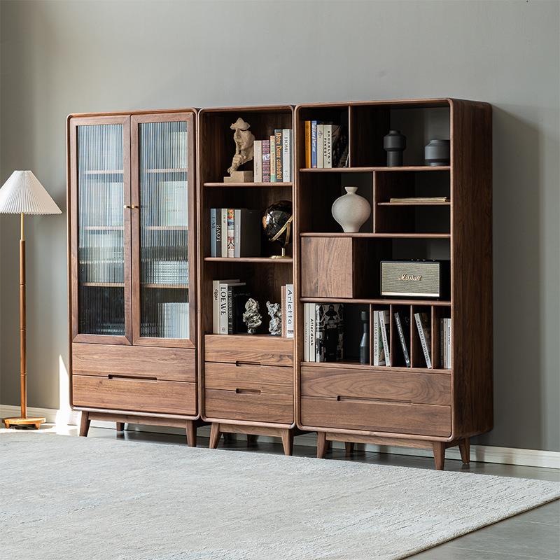北欧黑胡桃木实木组合大容量书柜置物柜简约书房落地书架满墙书橱