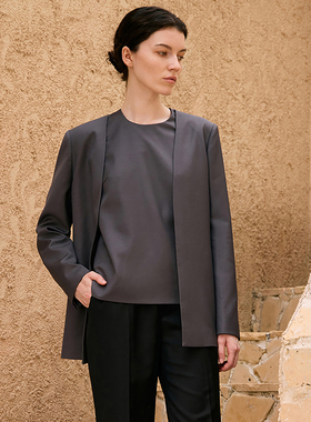 VER TOW腰封款套装 修身显瘦立体剪裁马甲女灰色无领羊毛西装外