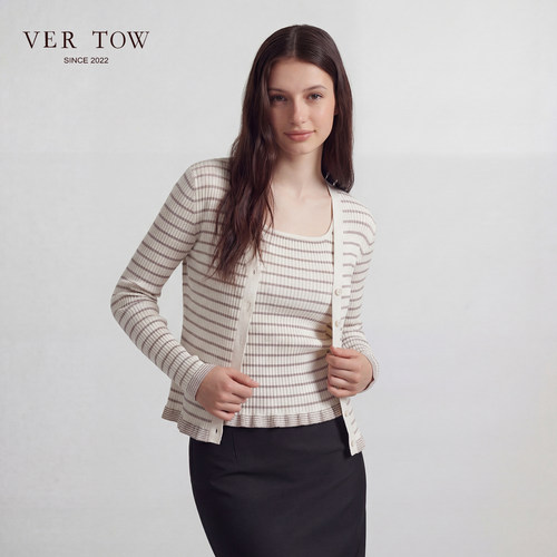VERTOW粉白色条纹针织开衫/背心