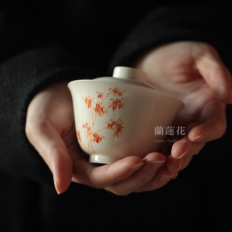 巩红诗文手绘图案盖碗品茗杯建水茶仓茶叶罐薄胎白瓷纯手工