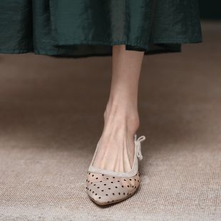 原野2021夏季新款尖头网纱粗跟一字F带波点气质温柔凉鞋子女仙女