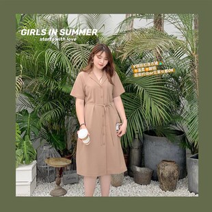 新款 加大码 裙子2021夏装 短袖 胖妹妹mm显瘦V领系带连衣裙90223 女装