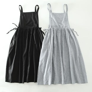 日系棉麻背带裙抽绳收腰文艺叠穿复古百搭连衣裙A字中长裙春夏款