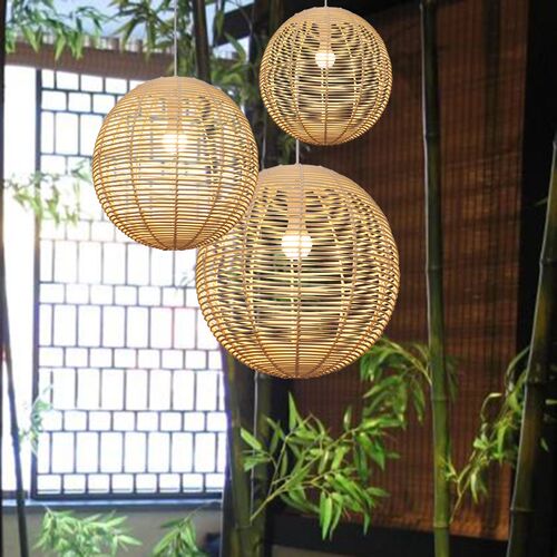 现代田园藤艺餐厅吊灯餐饮店超市B大排档灯具客厅创意藤编圆球形