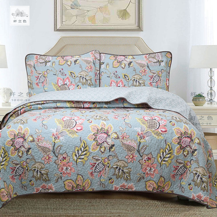 美式床盖三件套双人夹棉床单纯棉绗缝被多功能水洗薄被罩垫纤之色