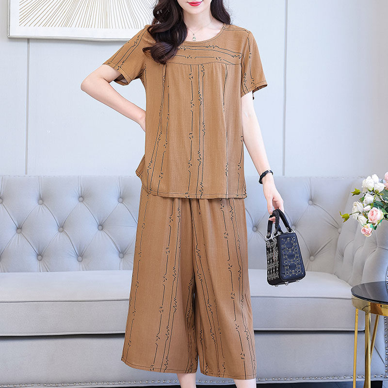 新款妈妈装棉麻套装夏季女大码短袖上衣九分裤中年妇女休闲运动服