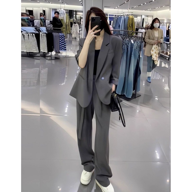 早秋穿搭西装套装大码女装胖mm200斤宽松洋气显瘦西服直筒阔腿裤
