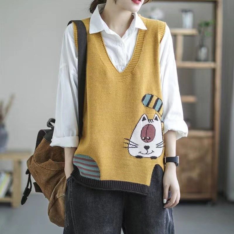 早秋马甲女上衣条纹别致v领设计感小众针织2022年女背心外穿拼色