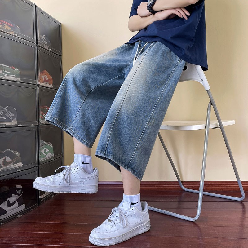 夏季薄款牛仔短裤男孩13初中学生青少年15岁大童宽松休闲七分裤子