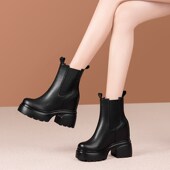 头层牛皮短靴女内增高马丁靴w秋冬新款 粗跟时装 靴高跟小个子女靴